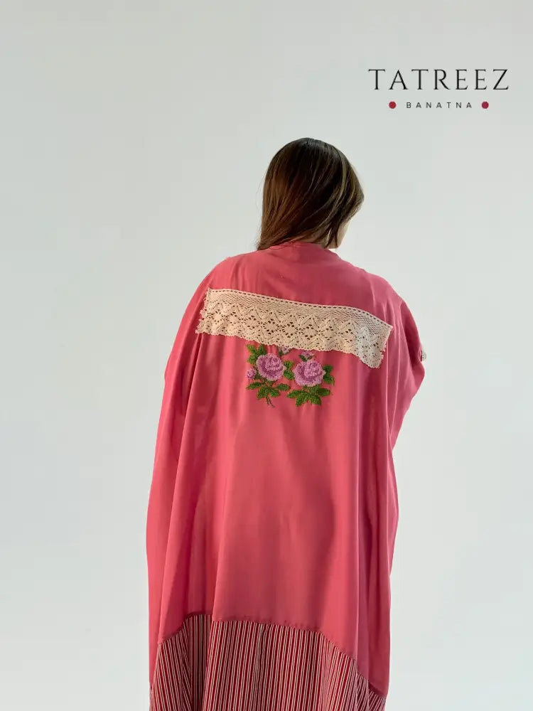 Handmade Pink/Grey Tatreez Bisht – Elegant Embroidery & Lace | Tatreez Banatna Clothing & Wearables