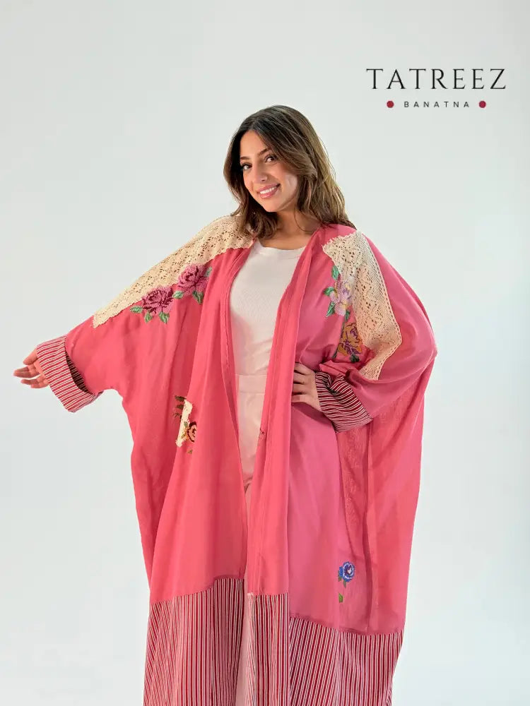 Handmade Pink/Grey Tatreez Bisht – Elegant Embroidery & Lace | Tatreez Banatna Clothing & Wearables
